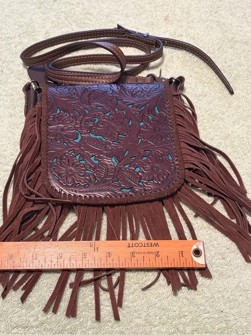 Montana West Genuine Leather Tooled Fringe Crossbody Bag Turquoise